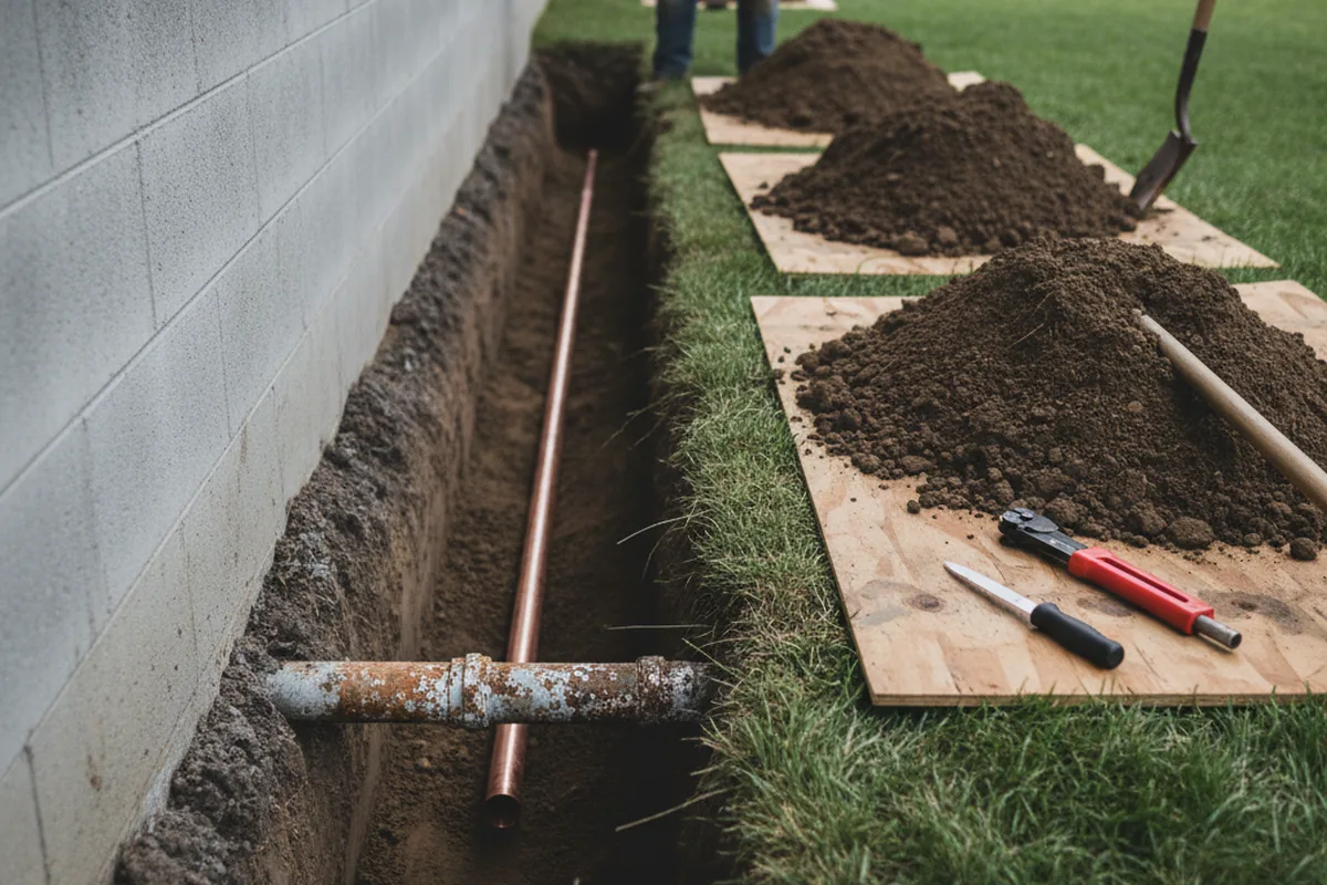 Excavated water line trench during Water Heater Repair in Glengary